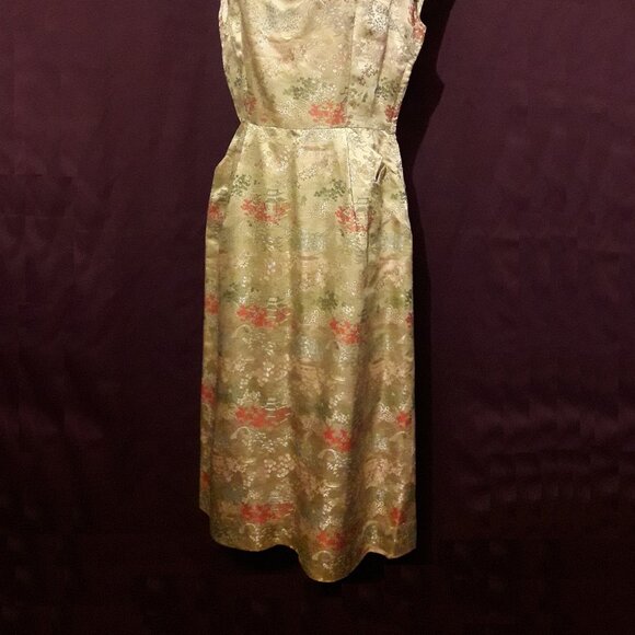 Fabulous Vintage Embroidered Gold Silk Cocktail Sheath Wiggle Dress 50s 60s - Picture 2 of 9